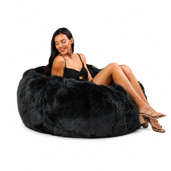 genuine australian lambswool bean bag with lady posing black colour
