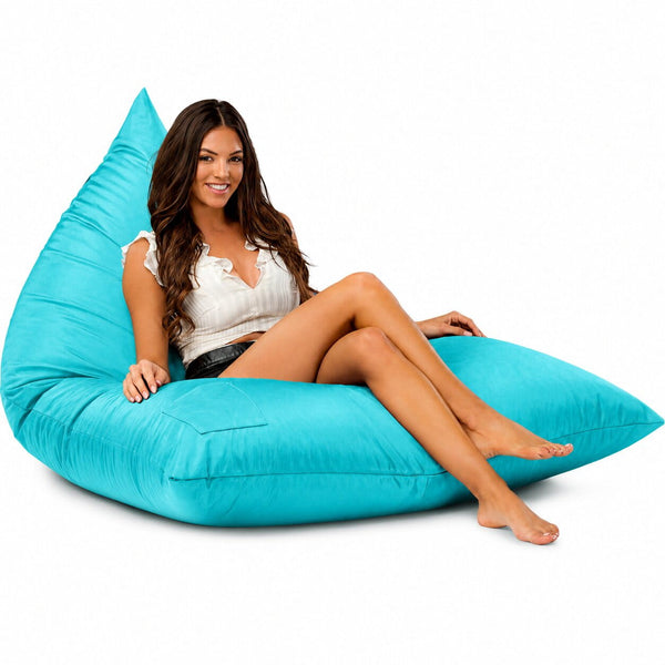lady sitting on a aqua bermuda triangle outdoor bean bag from bean bags r us
