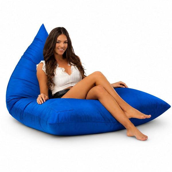 lady sitting on a blue bermuda triangle outdoor bean bag from bean bags r us
