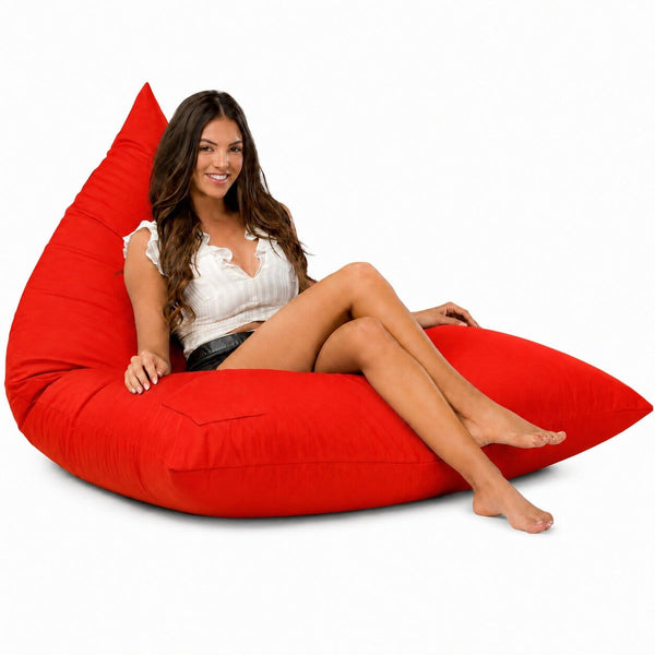lady sitting on a red bermuda triangle outdoor bean bag from bean bags r us