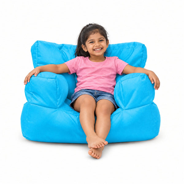 Aqua Billy the Kid kids bean bag armchair with young girl smiling, Bean Bags R Us