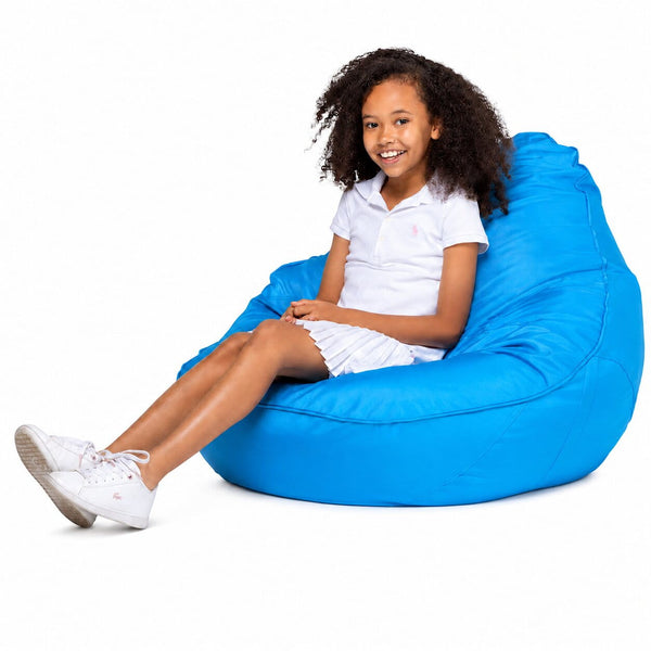 smiling teen girl sitting on a freaky cousin aqua blue bean bag chair