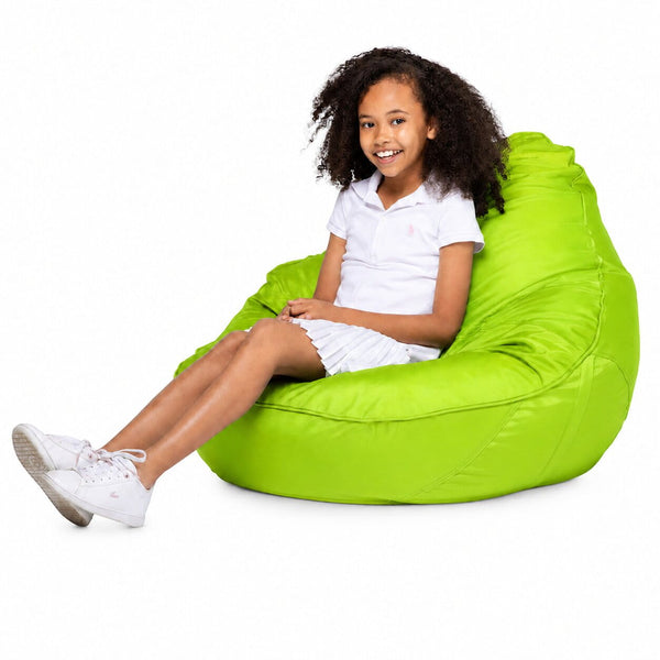 smiling teen girl sitting on a freaky cousin lime green bean bag chair