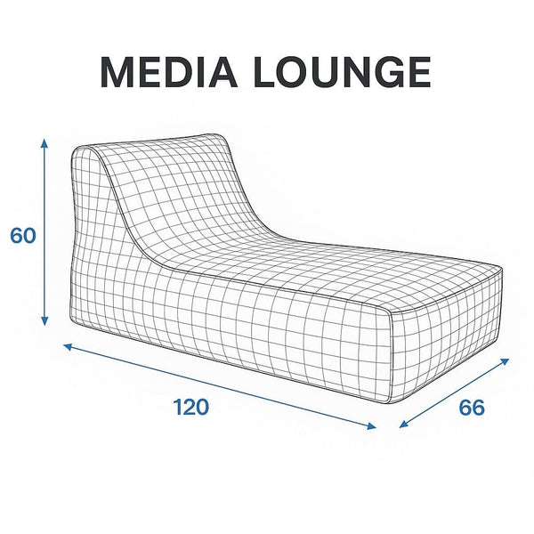 Diagram of a media lounge chair with dimensions on a white background - Bean Bags R Us