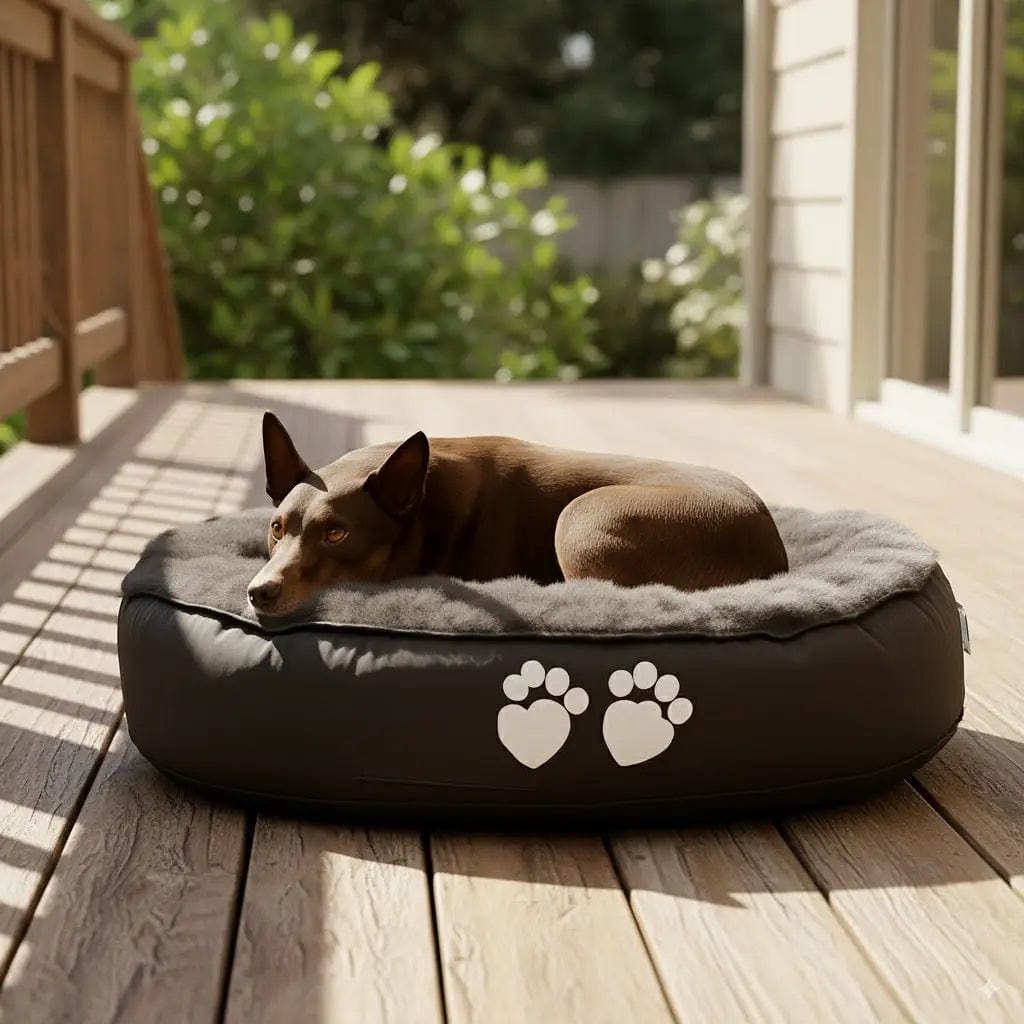 Dog lying on a pet bed with paw prints on a wooden deck
