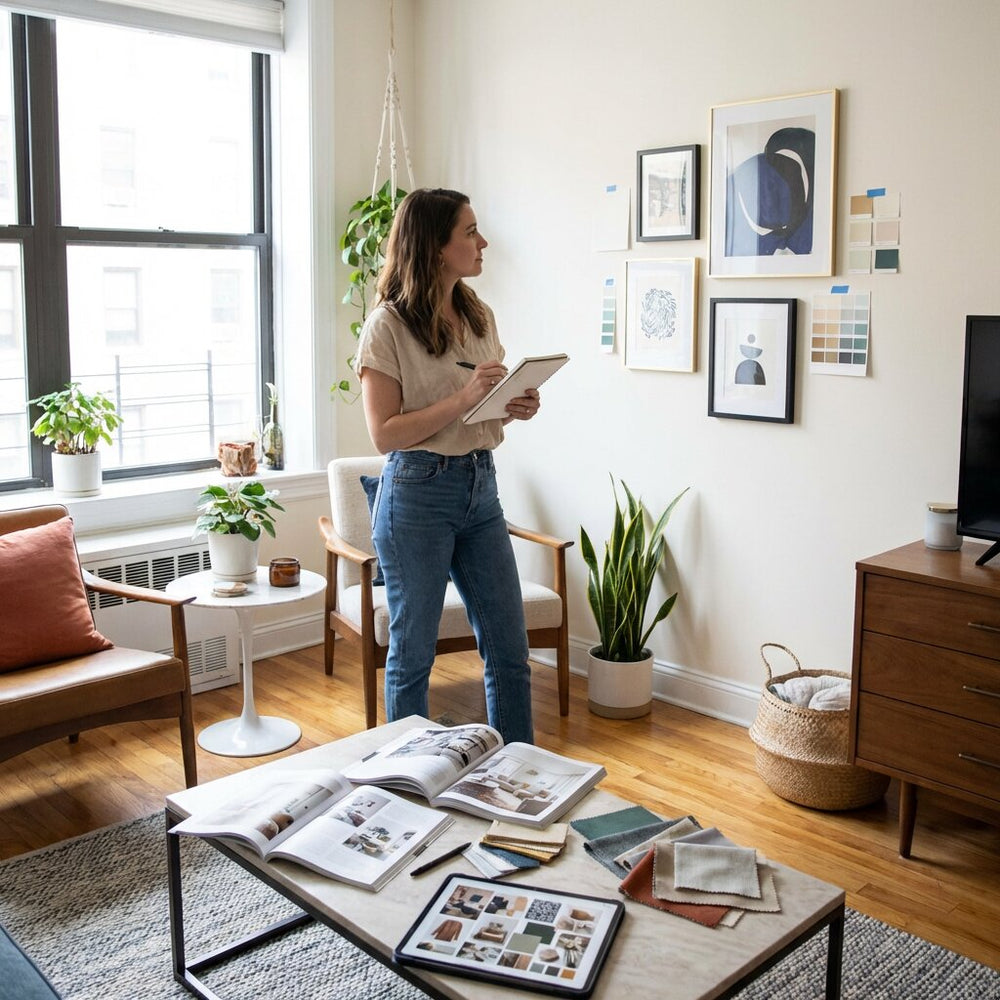 Lady standing in an apartment considering decorating options - apartment decorating 101 | Bean Bags R Us