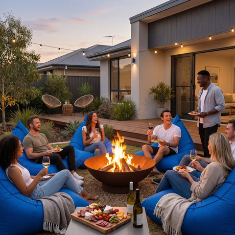 Friends sitting on bean bags around a fire pit - bean bags for airbnb and short-stay properties | Bean Bags R Us