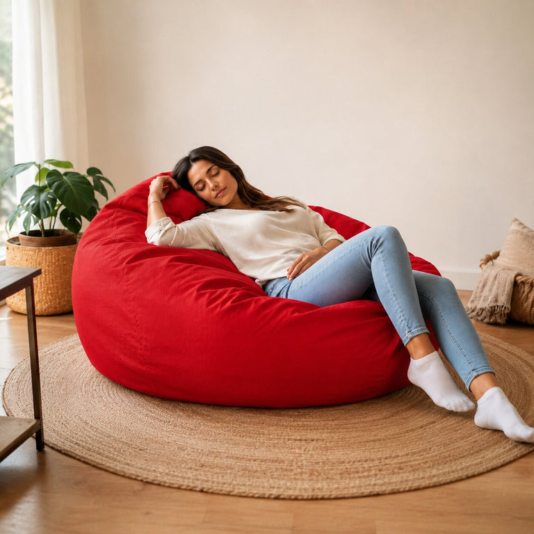 lady sleeping in a red bean bag chair