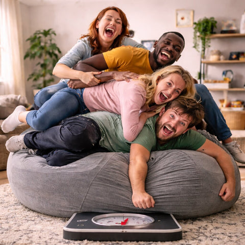 four adults piled up on top of a bean bag chair