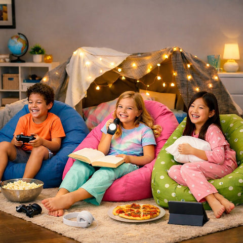 Smiling kids on children's bean bags at sleepover - make the next sleepover more fun with children's bean bags | Bean Bags R Us