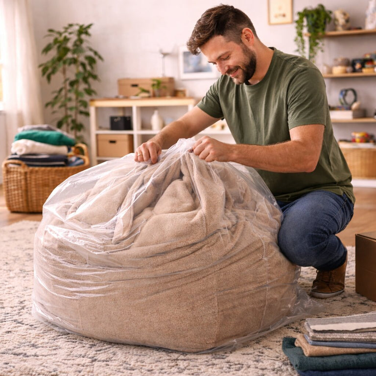 Man packing a bean bag chair into a plastic storage bag - how to store a bean bag | Bean Bags R Us
