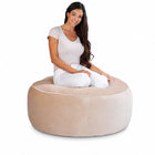 lady posing on a beige velvet bean bag ottoman by bean bags r us — thumbnail 3