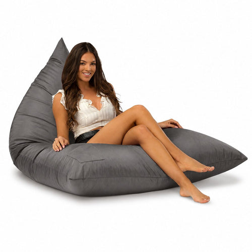 lady sitting on a grey bermuda triangle outdoor bean bag from bean bags r us