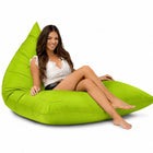 lady sitting on a lime bermuda triangle outdoor bean bag from bean bags r us — thumbnail 8