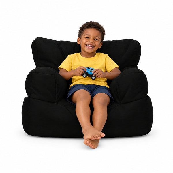 Black Billy the Kid kids bean bag armchair with boy holding a toy car, Bean Bags R Us — image 4