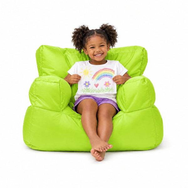 Lime Billy the Kid kids bean bag armchair with girl holding a drawing, Bean Bags R Us — image 8