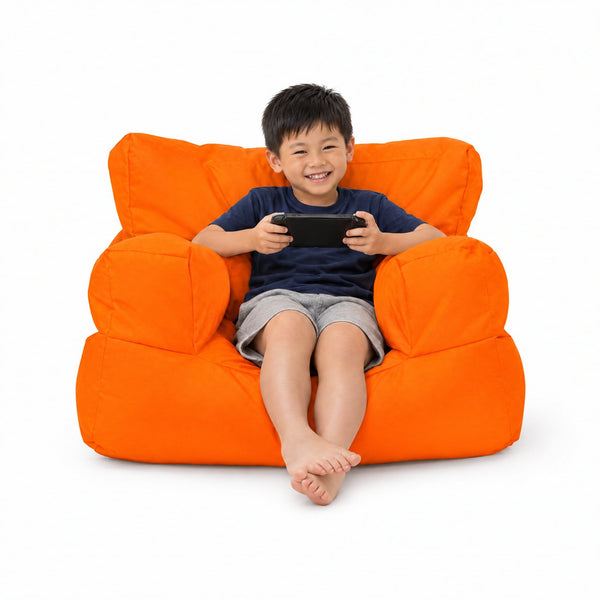 Orange Billy the Kid kids bean bag armchair with boy playing a handheld game, Bean Bags R Us — image 9