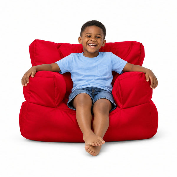 Red Billy the Kid kids bean bag armchair with boy laughing, Bean Bags R Us — image 11