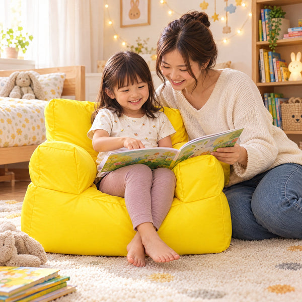 Yellow Billy the Kid kids bean bag armchair in a cosy bedroom at story time, Bean Bags R Us — image 1
