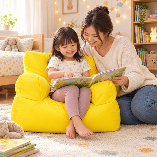 Yellow Billy the Kid kids bean bag armchair in a cosy bedroom at story time, Bean Bags R Us