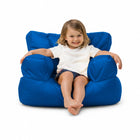 smiling young girl posing on a blue kids bean bag chair — thumbnail 1