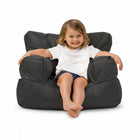 smiling young girl posing on a charcoal kids bean bag chair — thumbnail 10