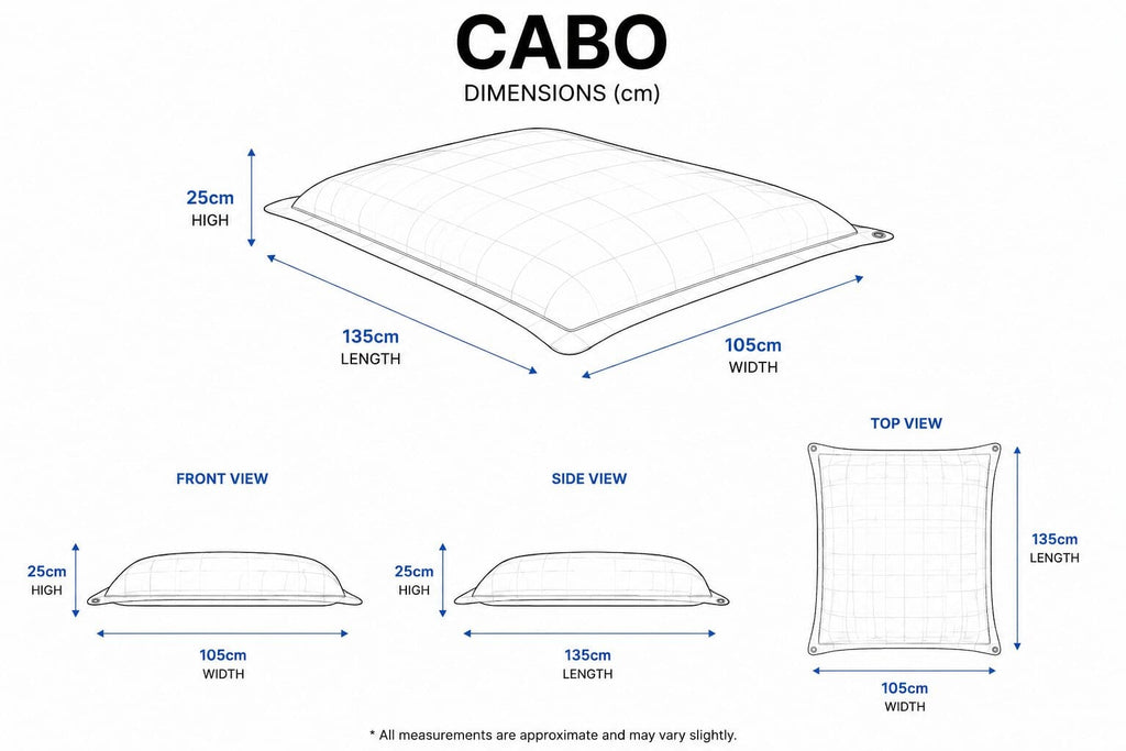 Cabo Pool Float dimensions wireframe diagram