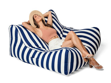 Costa Luxe Bean Bag Lounger Navy Stripes lady posing