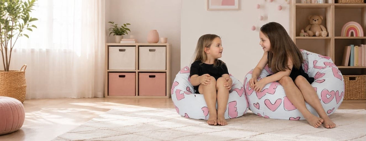 Kids relaxing on colourful bean bags