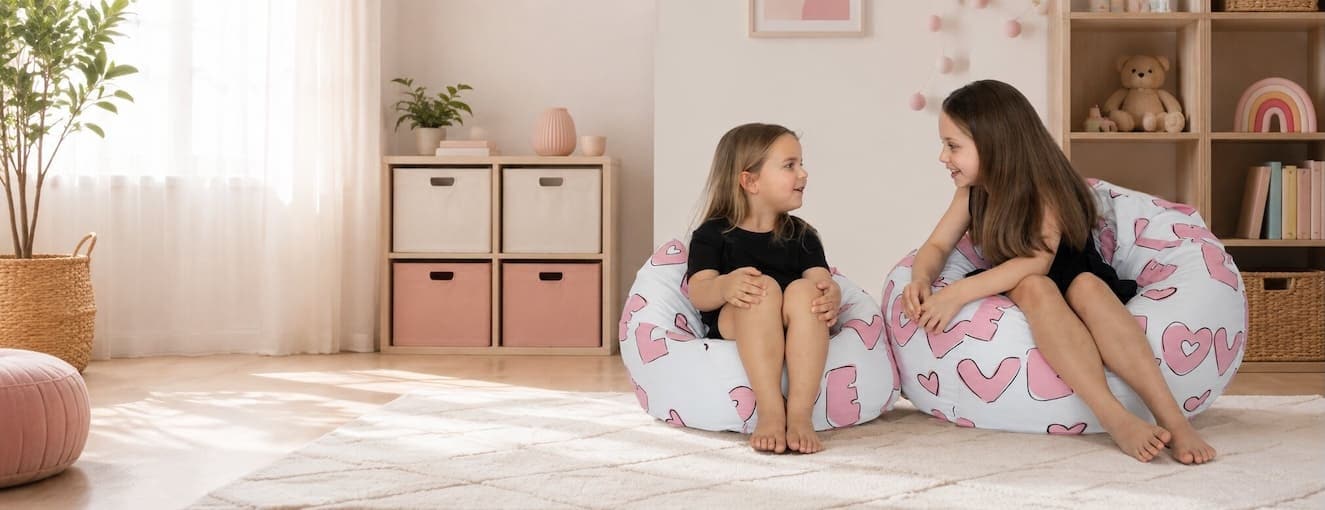 Kids relaxing on colourful bean bags