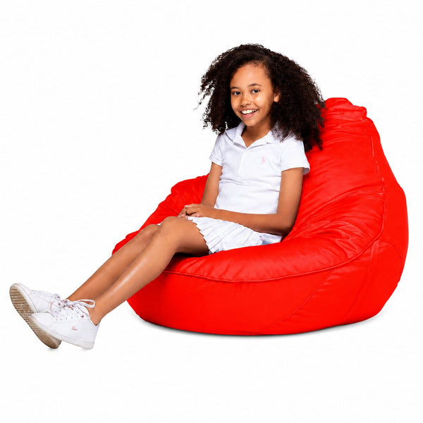 smiling teen girl sitting on a freaky cousin flame red bean bag chair — image 7