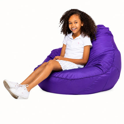 smiling teen girl sitting on a freaky cousin purple bean bag chair