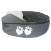 Gray pet bed with white paw prints on a white background