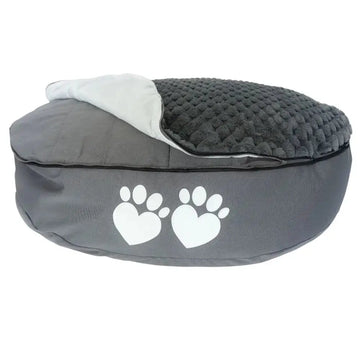 Gray pet bed with white paw prints on a white background