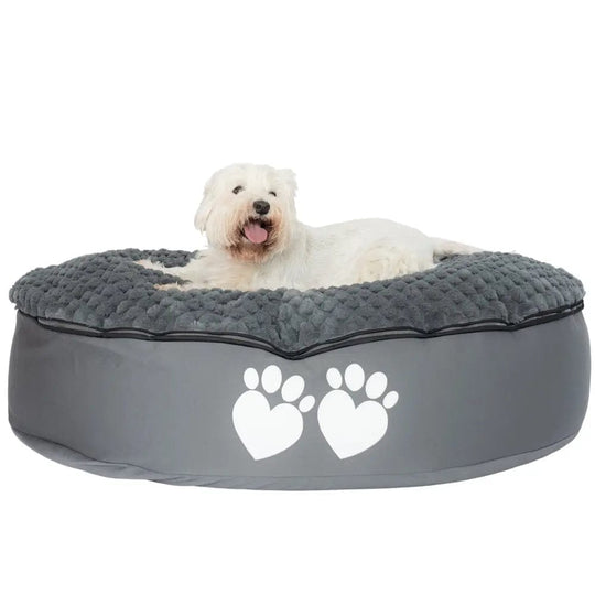 Dog lying on a gray pet bed with paw prints on a white background