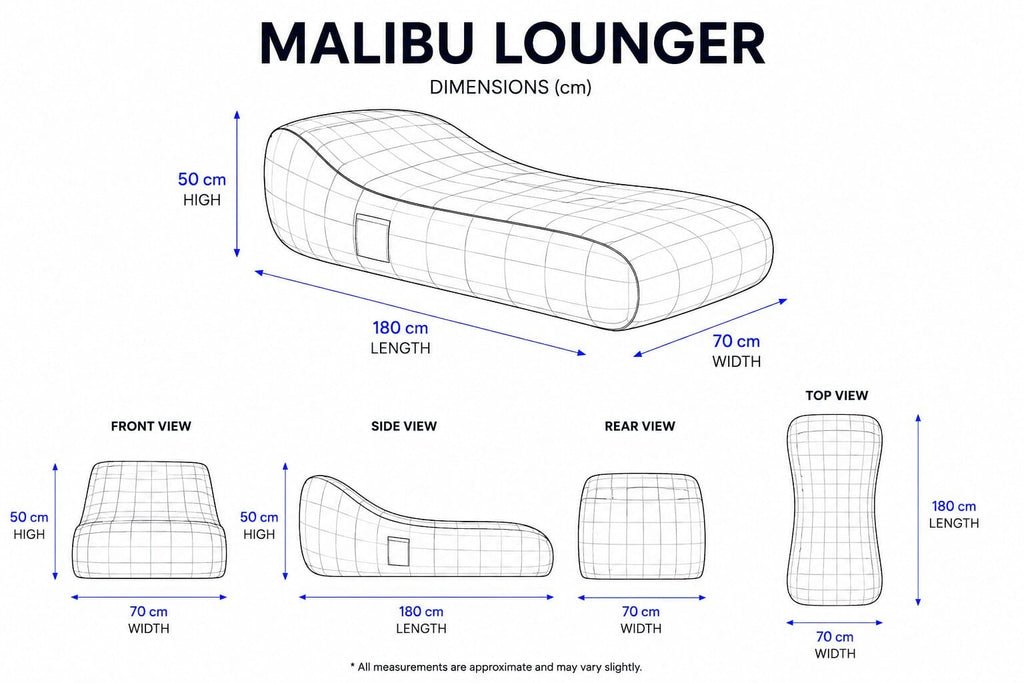 Malibu Lounger dimensions wireframe diagram