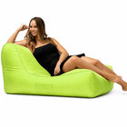 lady posing on a media lounge outdoor bean bag lounger in lime green — thumbnail 2
