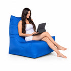 lady posing a blue bean bag chair with iPad — thumbnail 4