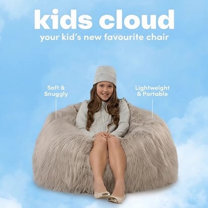 Child sitting on a fluffy bean bag chair with 'kids cloud' branding against a blue sky background.